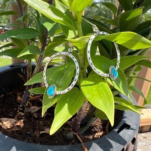 Western Faux Turquoise Stone Blue Hoops Silver Earrings Gift 1.5 inch New
